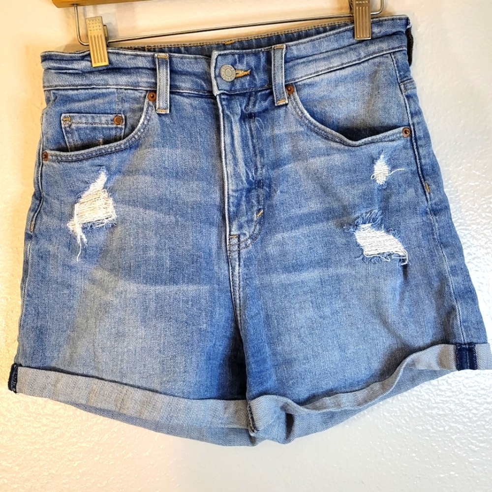 & Denim Distressed Hi Rise Cuffed Shorts